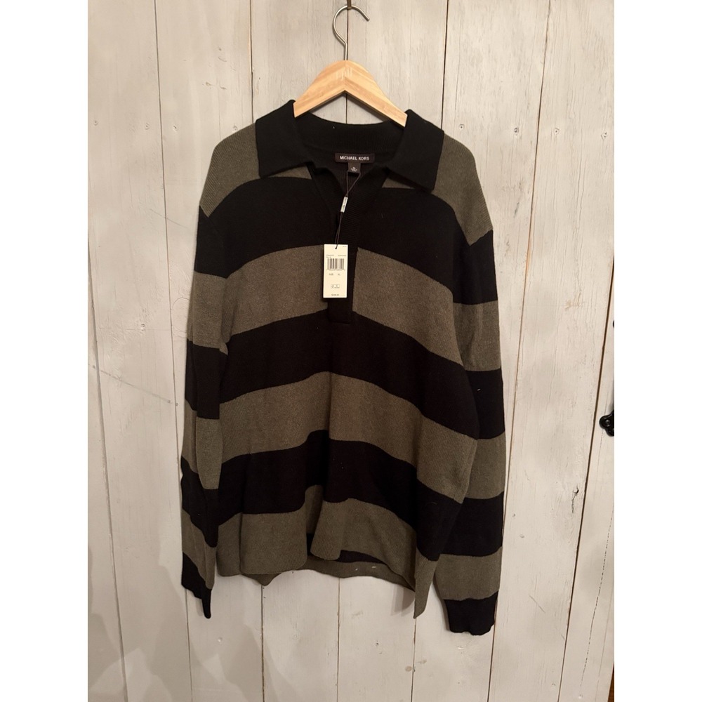 Michael Kors Men Striped Sweater olive black Stripe Polo Collar XL NWT 298$ U28
